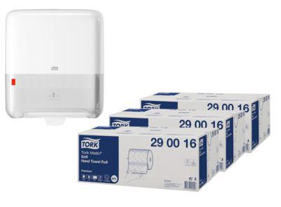 Sparset Rollenhandtuch Tork® Premium 290016, 2-lagig, H1-kompatibel, 18 Rollen, weiß + Papierhandtuchspender Matic® Elevation Design H1 551000, weiß