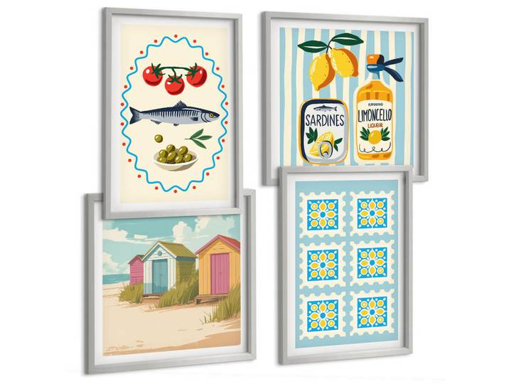 Tulup Bilder SET 4er Set - 50x50 cm & 40x60 cm Silberner Rahmen - Illustrationen der mediterranen Küche, Silberfarben, Kunststoff, Rechteckig, 50x50 cm, Fotografie, Bilder & Rahmen, Bilder