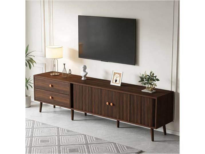 Meuble TV couleur noyer avec portes à volet roulant longueur de 180 cm pour téléviseurs jusqu'à 80 pouces