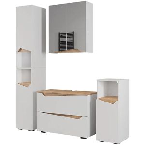 Vicco Badmöbel-Set Marelle, weiß, 4-teilig, mit Waschbeckenunterschrank, Spiegelschrank & 2 Badschränken