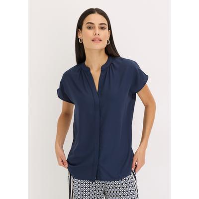 Kurzarmbluse BONPRIX, Damen, Gr. 48, dunkelblau, Web, Obermaterial: 100% Polyester, oversize, Blusen, Oversize Passform, mit V-Ausschnitt, mit Umlegekragen