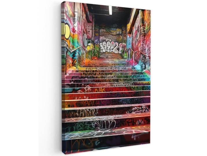 MuchoWow Leinwandbild - Treppe - Graffiti - Farben - Kunst - 60x90 - Kunstdruck, Mehrfarbig, Textil, Kiefer, Abstrakt, Rechteckig, 60x90 cm, gerahmt, Bilder & Rahmen, Bilder, Wandbilder