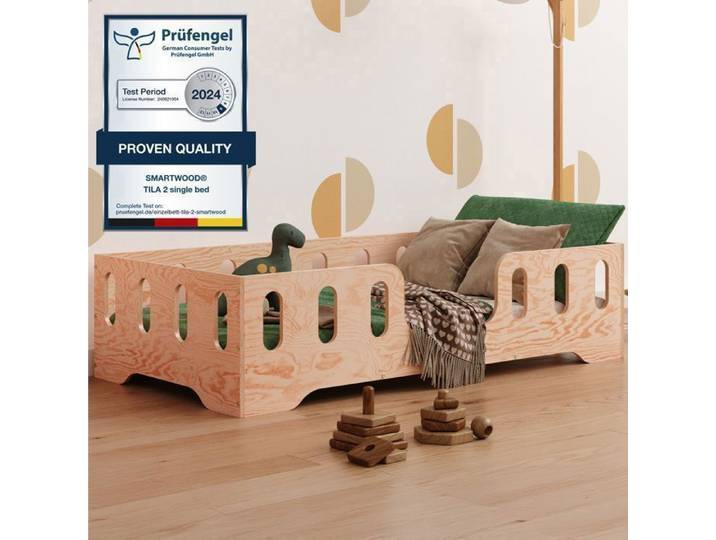 Lit au Sol Enfant avec Barriere - 90x200 en Bois TILA 2 - Bois Naturel - Sommier - Montage Rapide - Lit Montessori - Lit Simple