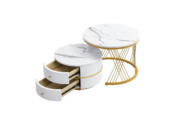 Odikalo Couchtisch Wohnzimmertisch-Set Tische Marmoroptik Schubladen Nesting-Kombination