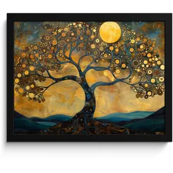 POSTER MIT RAHMEN Baum - Mond - Blumen - Gold - Kunst 40x30 cm