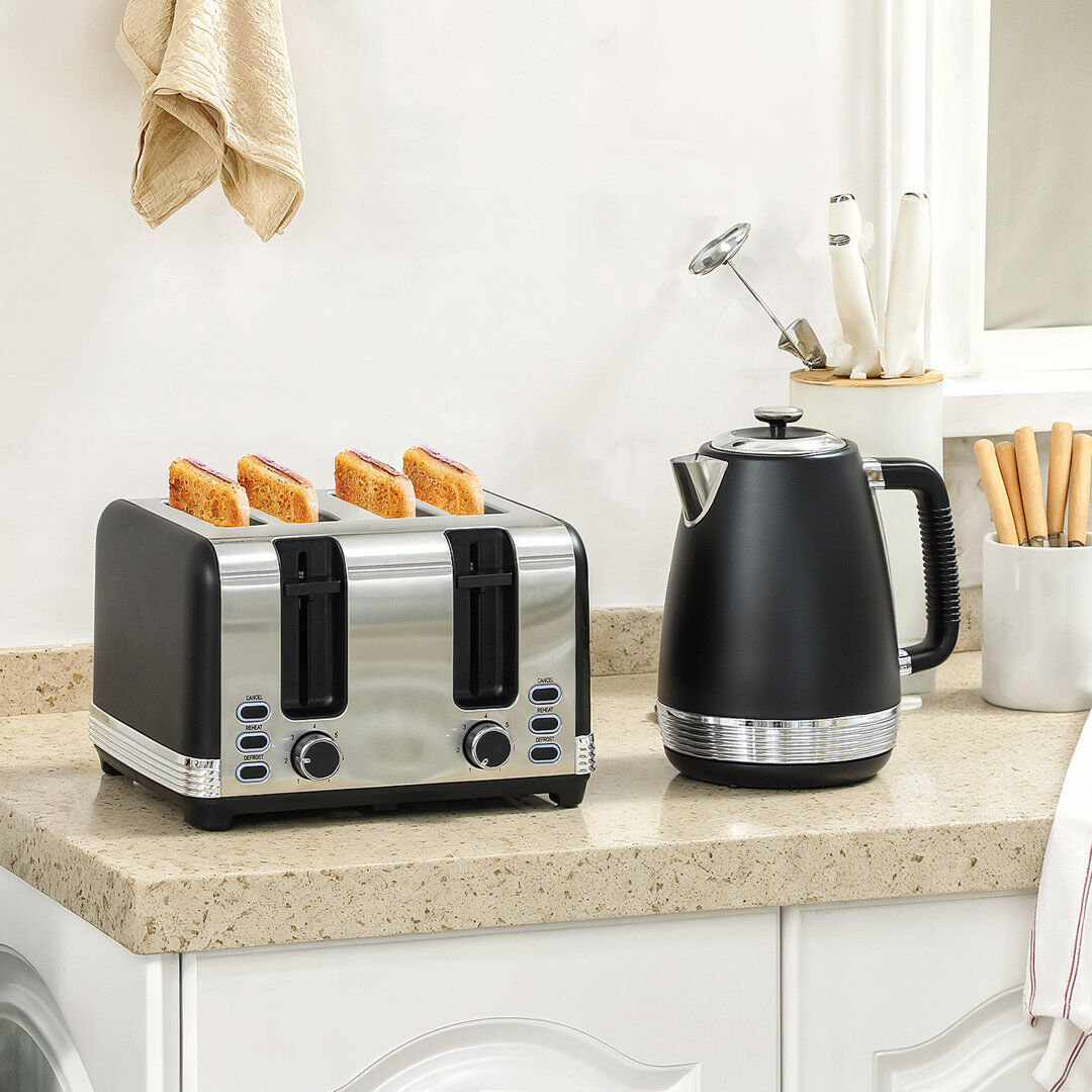 HOMCOM 1.7L 3000W Quick Boil Kettle and 4 Slice Toaster Set Crumb Tray Black 4 - Slice