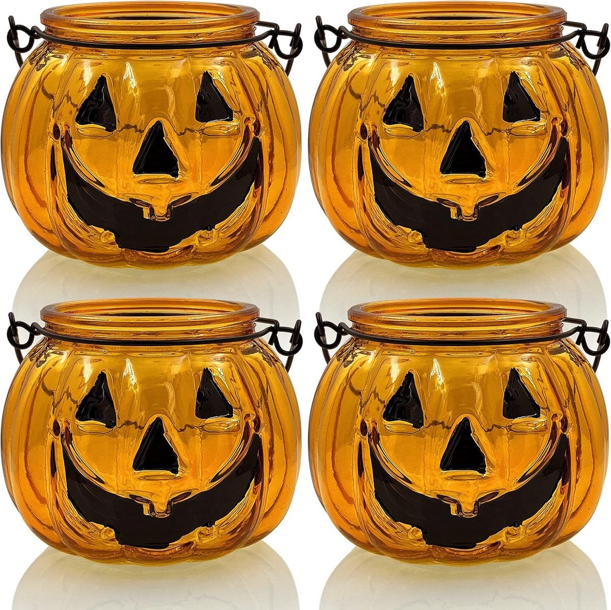 Set van 4 Oranje Halloween Tealight Kaarsen met Pompoen Lantaarn Grimas Patroon