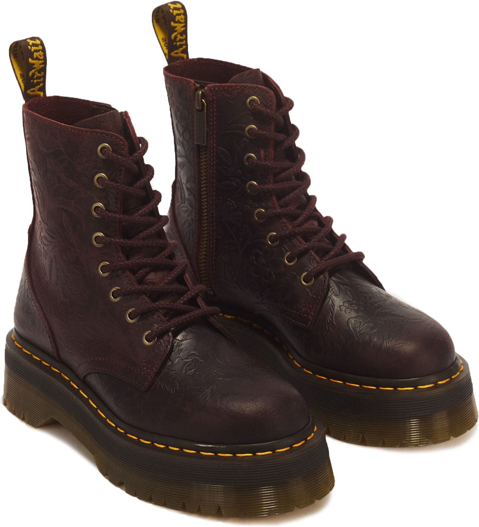 Schnürboots DR. MARTENS "Jadon Emboss Floral", Damen, Gr. 38, Leder, bordeaux, Schuhe Schnürboots, Blockabsatz, Plateau, Stiefelette mit modischer Blütenprägung