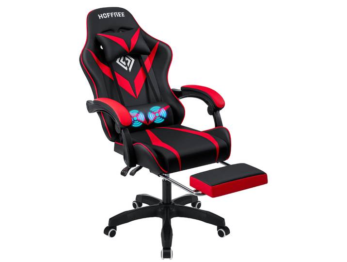 Chaise de jeu avec Massage, chaise d'ordinateur ergonomique, repose-pieds et soutien lombaire, inclinable, pour PC, accoudoir réglable, appui-tête