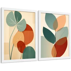 POSTER 2er-Set Wandbilder Blätter Pflanzen modern Wohnzimmer Deko, Schlafzimmer, Küche, Badezimmer Weißer Rahmen A3