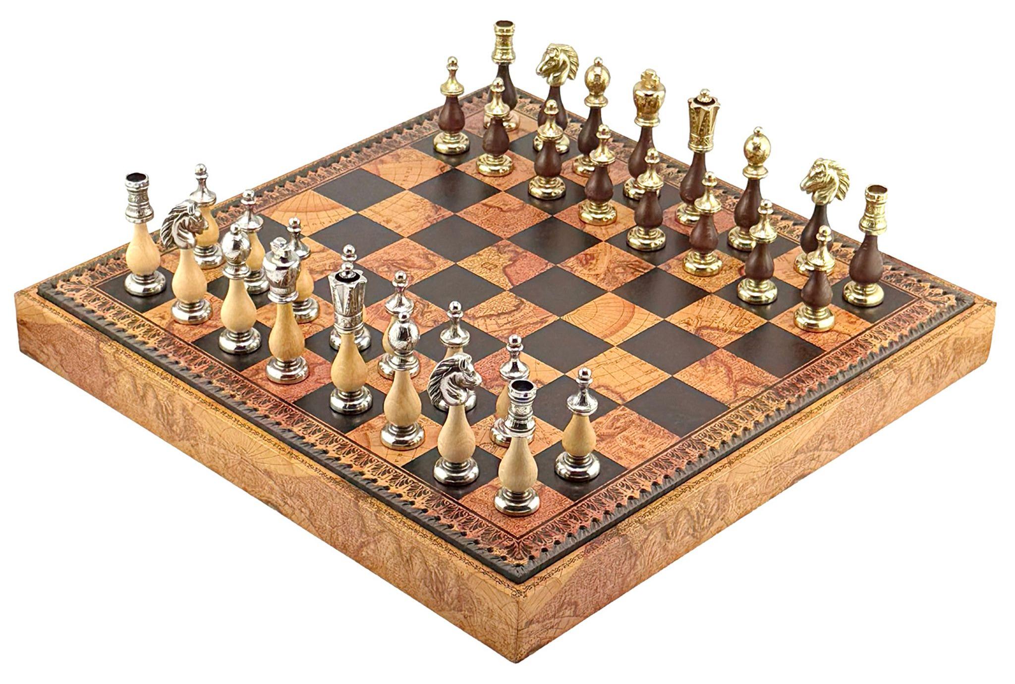 Italienische Schachfiguren Arabeske + Schachbrett Weltkarte 48