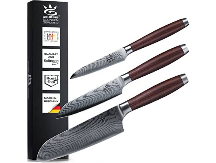 SOLINGEN PREMIUM MYII Küchenmesser - Messerset, 3-tlg. Made in Germany, eisgehärtete & scharfe Profi Damastmesser Messer Set inkl. Santoku Messer 18 cm + 13 cm + Gemüsemesser 9 cm