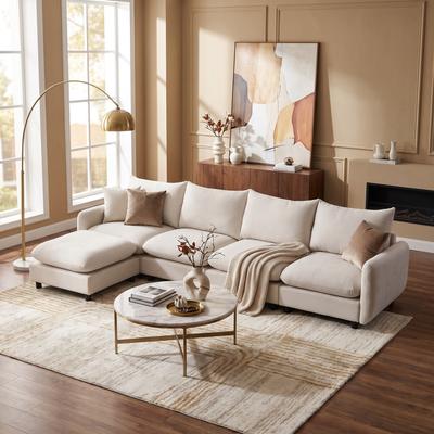 Loedds White 130-Inch Upholstered L-Shaped Modular Sectional Sofa with Ottoman & Wood Frame