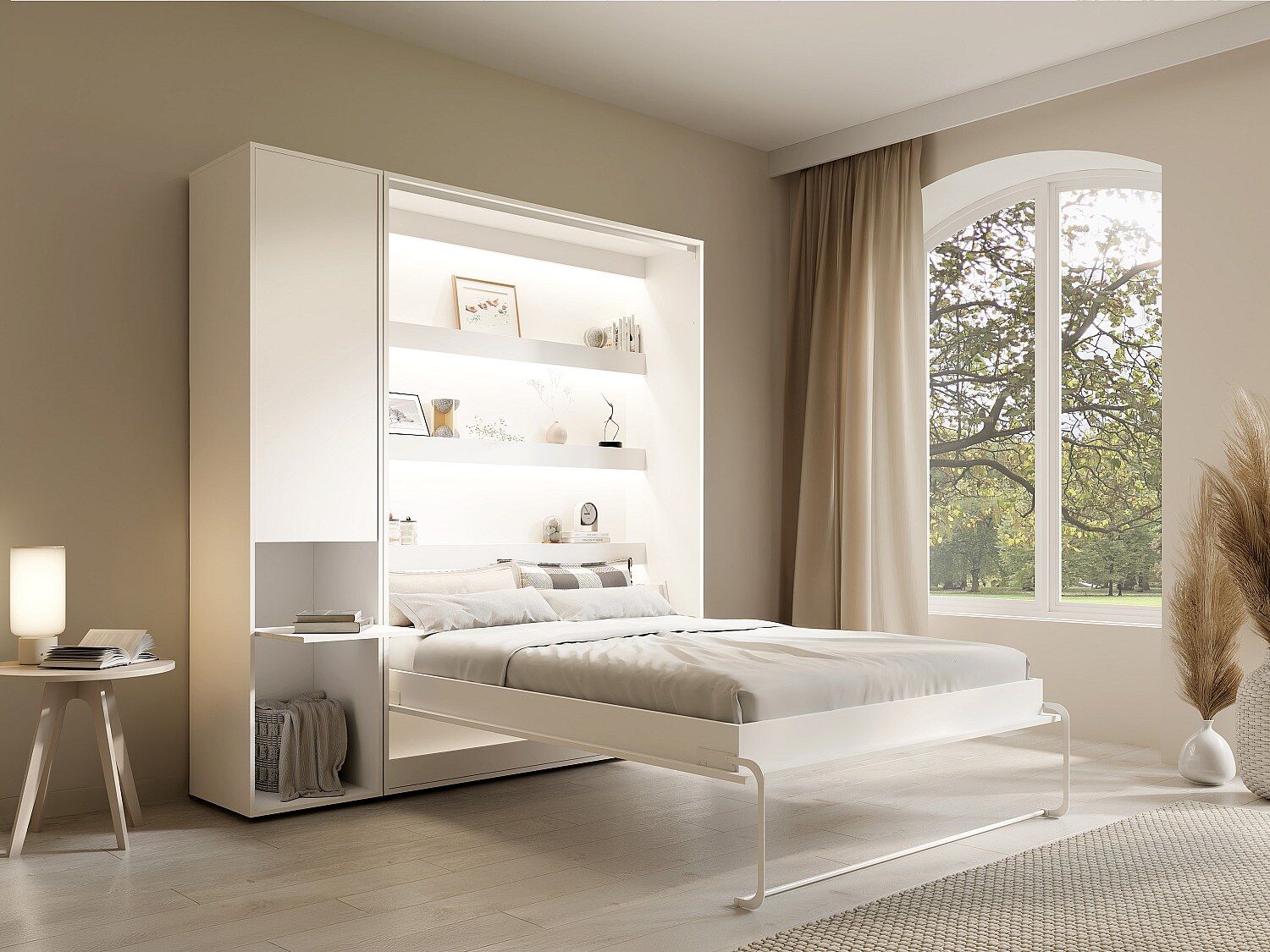 Unique Cama abatible vertical 160 x 200 cm - 1 columna de almacenamiento - Con LEDs - Blanco - RAPILI