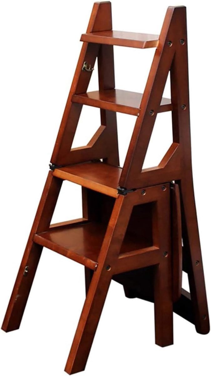 Opvouwbare Ladderkruk met 4 Treden in Bruin - Massief Houten Multifunctionele Kruk