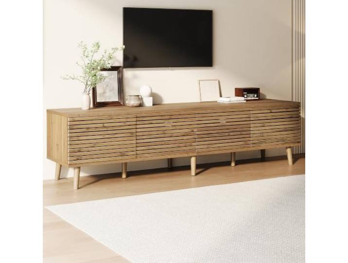 BXEYXE TV-Schrank für 75-Zoll-Fernseher, TV-Lowboard mit 4 Türen, Durchbrochenes Zaun-Design und Kabeldurchführung, stilvolles TV-Möbel mit großem Stauraum für Wohnzimmer, Holzfarbe,180x40x46 cm