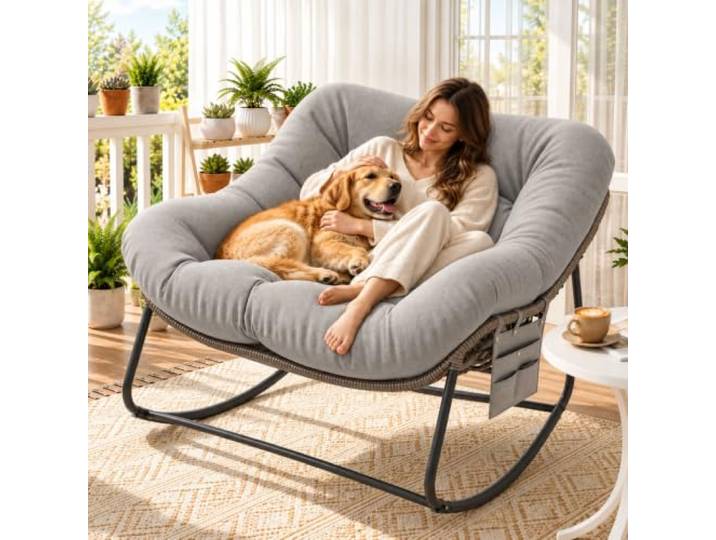 Schaukelstuhl Outdoor mit Rattan und Aufbewahrungstasche, Belastung 150 kg Lounge Schaukelstuhl Oversized mit Dickem Abnehmbar Polster, Schaukelsessel für Garten, Balkon, Wohnzimmer - Beige