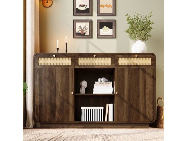 Commode Buffet 120cm Noyer-3 Tiroirs et 2 Portes-Étagère Ouverte Intégrée-Poignées Rotin Doré-Design Élégant