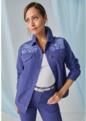 Plus Size Women's Classic Cotton Denim Jacket by Jessica London in Dusk Paisley Embroidery (Size 28) 100% Cotton Jean Jacket