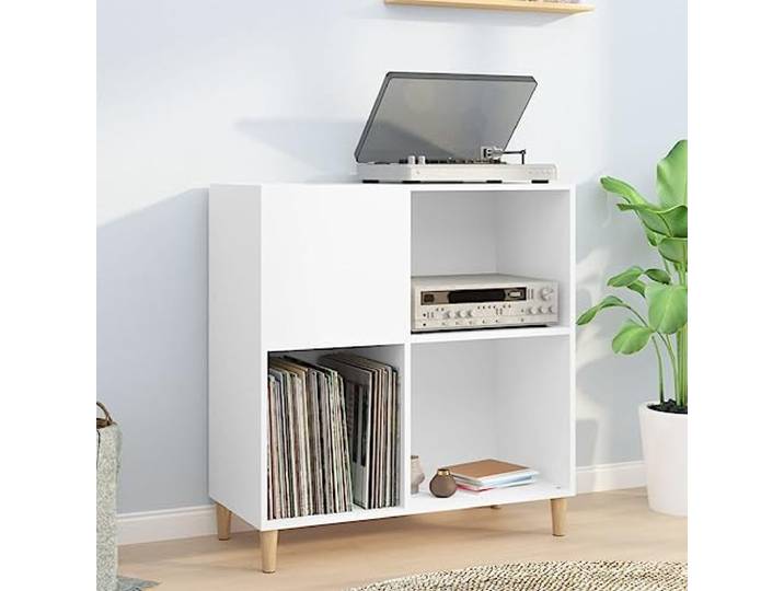 smnyxs Plattenschrank, weiß, 84,5 x 38 x 89 cm, aus technischem Holz Schallplattenschrank, Plattenspieler, LP-Aufbewahrung, Vitrine, Seitenschrank, Schreibtischablage, Holzbeine, Wandbefestigung