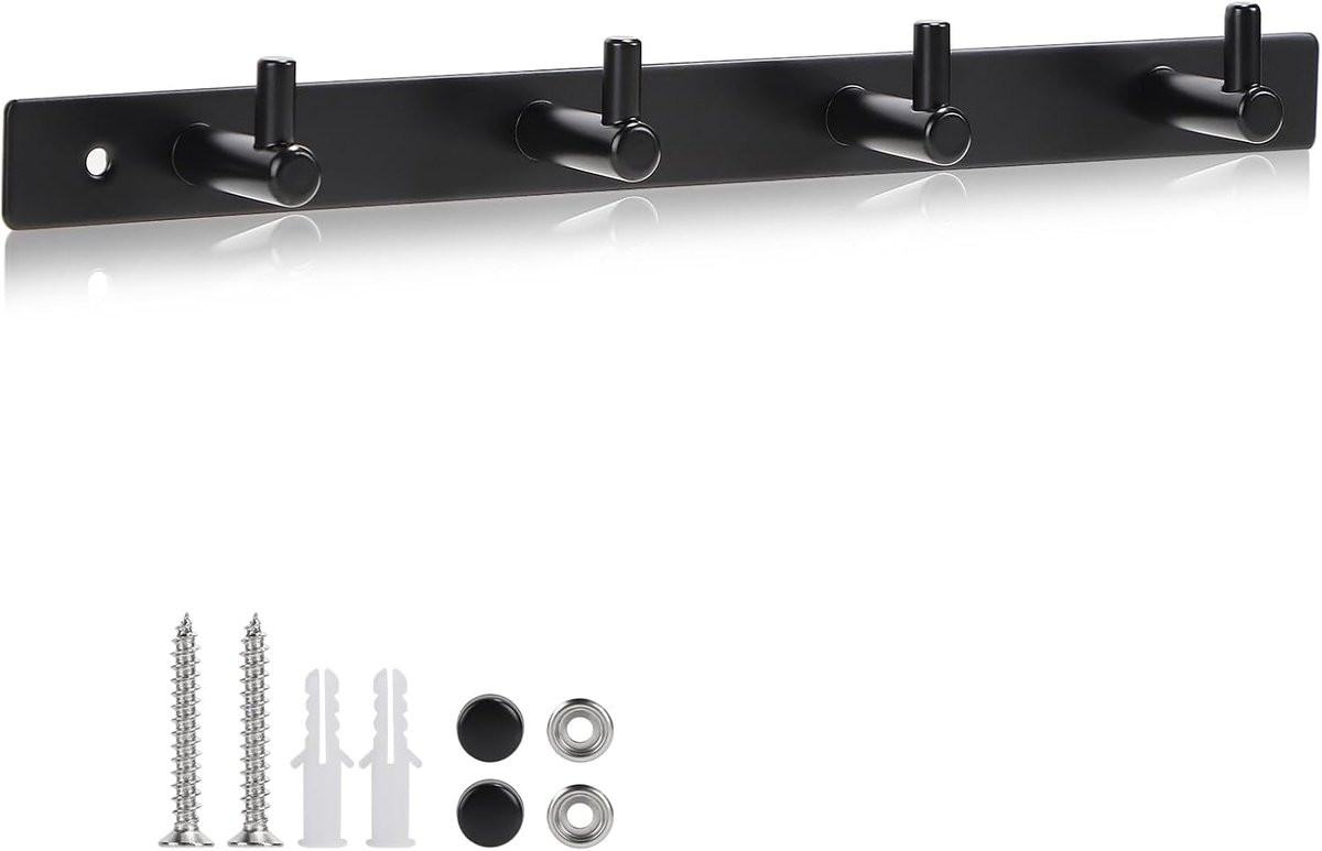 Multifunctionele wandgarderobe zwart met 4 Rvs haakjes voor kleding, hoed of tas