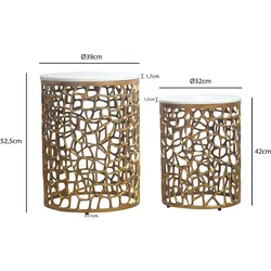 FineBuy, Couchtisch + Beistelltisch, 2er Set Couchtisch gold Marmor rund Wohnzimmertisch Beistelltisch Satztisch Alu (39 x 53 cm)
