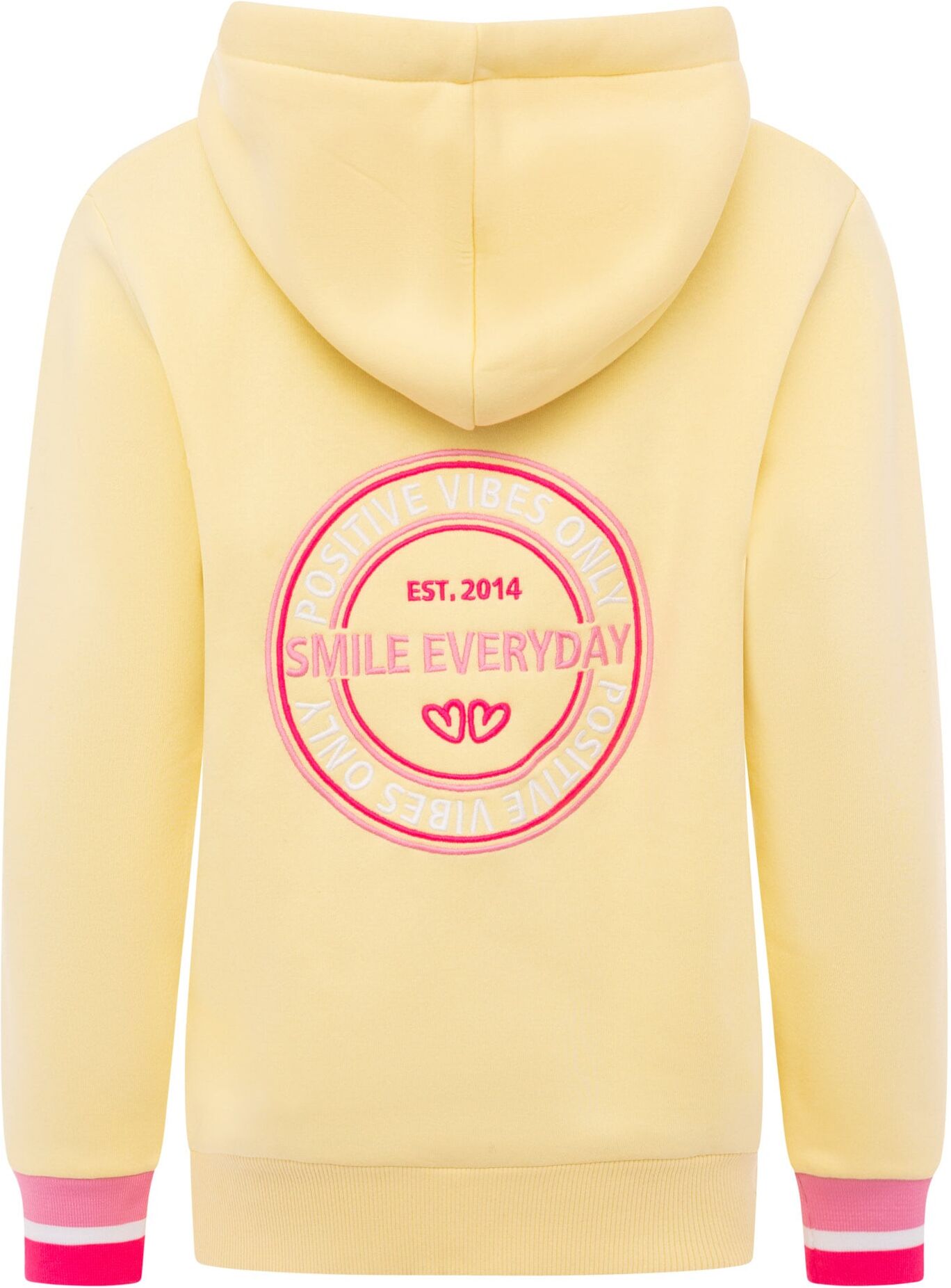 Kapuzensweatjacke ZWILLINGSHERZ "Smile Everyday ZH", Damen, Gr. L/XL, gelb (hellgelb), Sweatware, Obermaterial: 50% Baumwolle, 50% Polyester, unifarben, normal hüftlang, V-Ausschnitt, Sweatjacken Kapuzensweatjacke, Kapuze, Taschen, Langarm, Stickerei, Rei