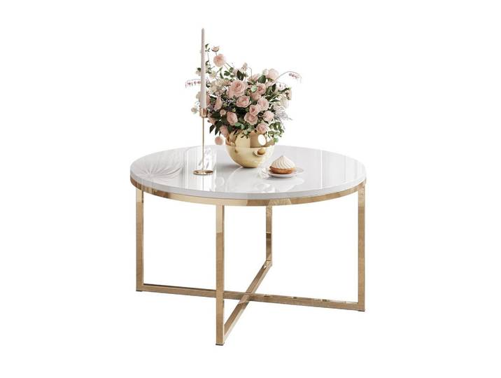 Lookway Couchtisch Ciri-X mit vergoldeter Basis, Goldfarben, Weiß, Rund, 70x45.6x70 cm, Wohnzimmer, Wohnzimmertische, Couchtische