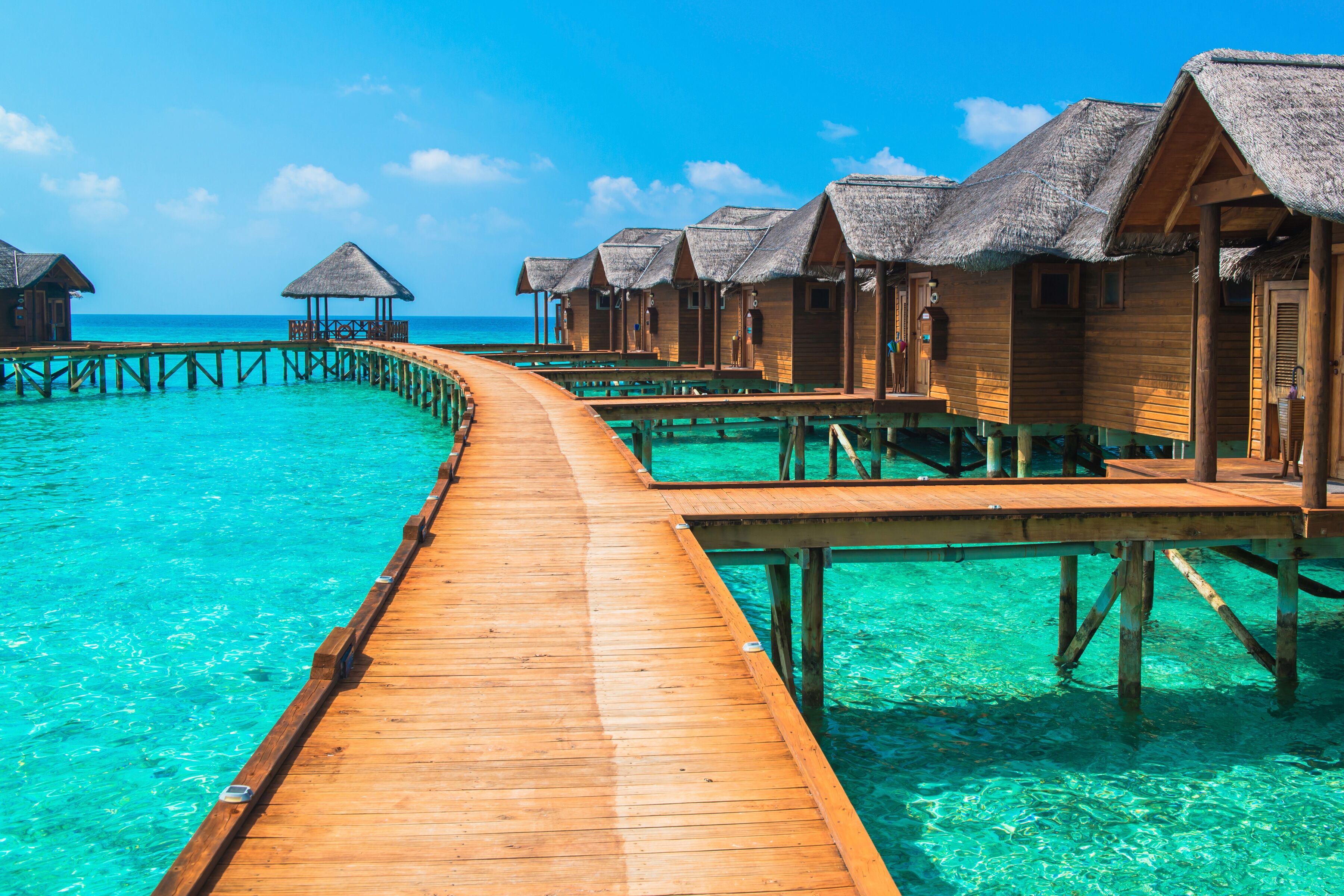 Fototapete PAPERMOON "Water Bungalows", bunt, B:5m L:2,8m, Vlies, Tapeten, Fototapete bunt B/L: 5m x 2,8m, Bahnen: 10 Stk.
