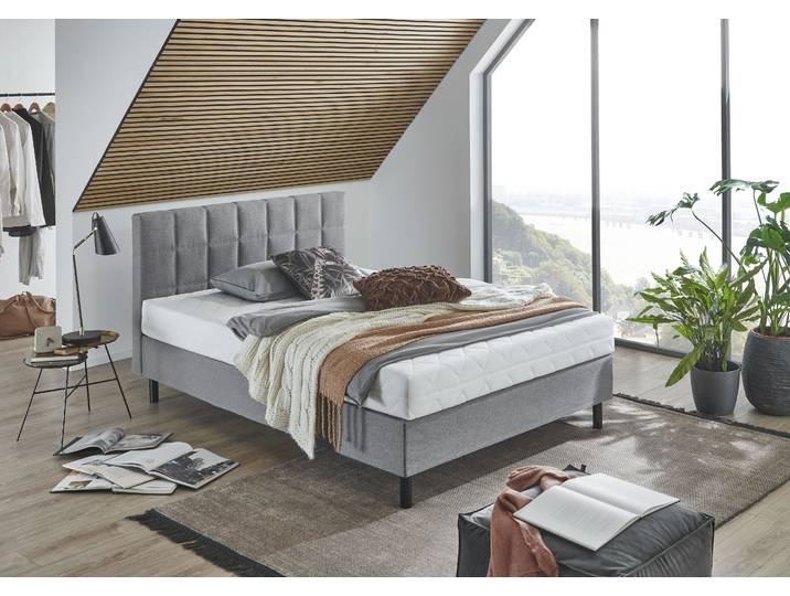 Boxbett Nikola , grau (hellgrau), B:122cm L:210cm, ATLANTIC HOME COLLECTION, Komplettbetten, Boxbett, Massivholzfüssen, mit / ohne Matratze, in H2 und H3 erhältlich