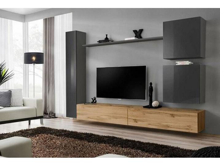 Xlmoebel Wohnwand Modulares Wandregal in Holzoptik mit zeitgemäßem Design, (6-St., 1x Wohnwand + 2x TV Ständer + 3x Wandschrank + 1x Wandregal), Hergestellt in Europa