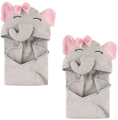 Hudson Baby Infant Girl Cotton Animal Face Hooded Towel, Pretty Elephant 2-Piece, One Size - Pretty Elephant 2-Piece - One Size