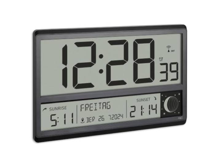 TFA Dostmann Digitale XL Funk Wanduhr, 60.4524.01, mit Sonnenauf- und -untergang, Weckalarm, große Ziffern, Mondphasen, lautlos, schwarz