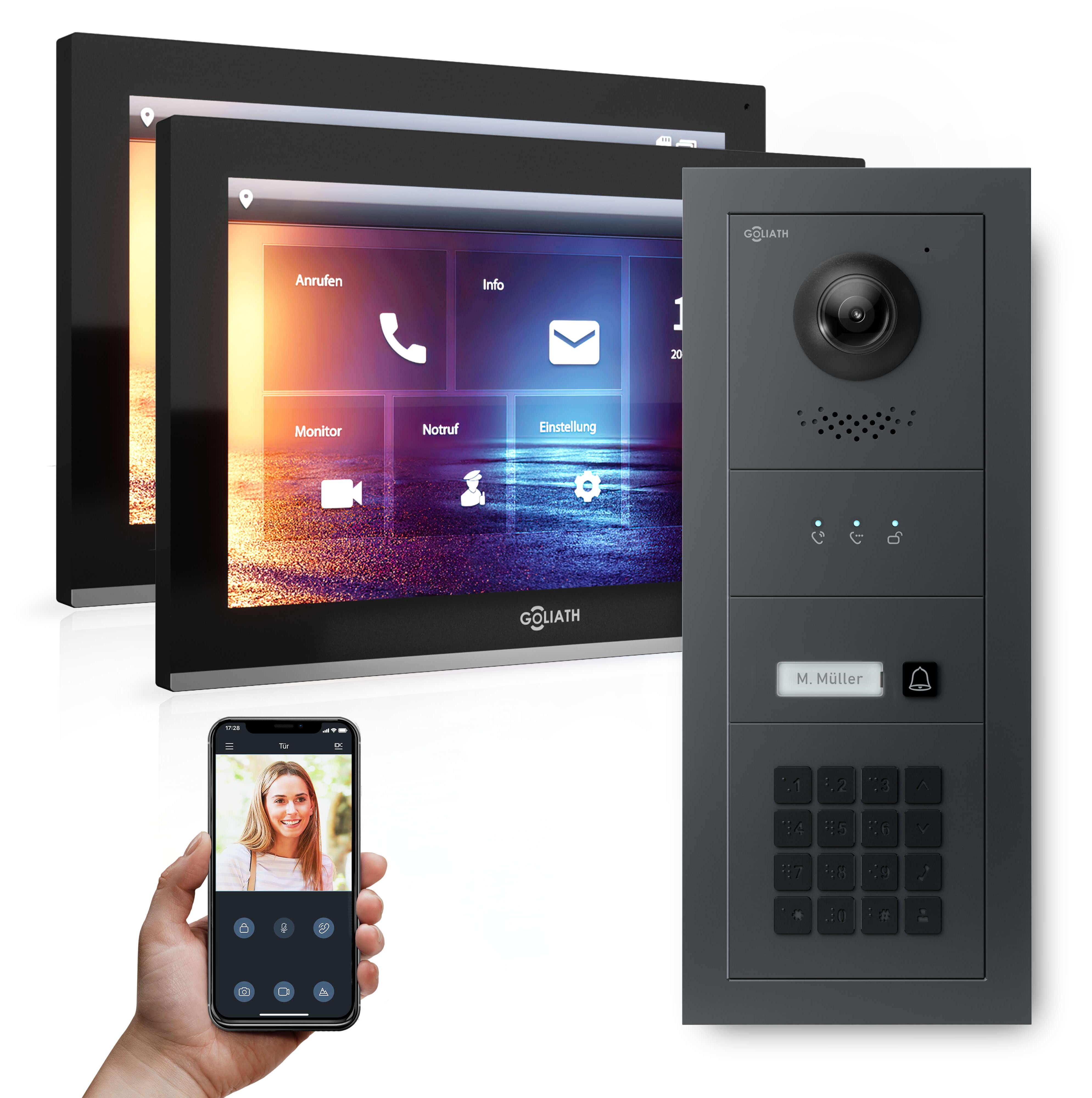 GOLIATH Hybrid IP Videotürsprechanlage | Anthrazit | Set 1-Fam | 2x 10" HD | Keypad | 180° Kamera