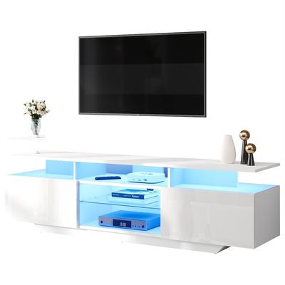 MODFU TV Lowboard 160x40x45 cm mit LED Beleuchtung, 2 Schränke und 8 Ablageflächen, Hochglanz Front, Weiß, MDF und Hartglas, Standdesign