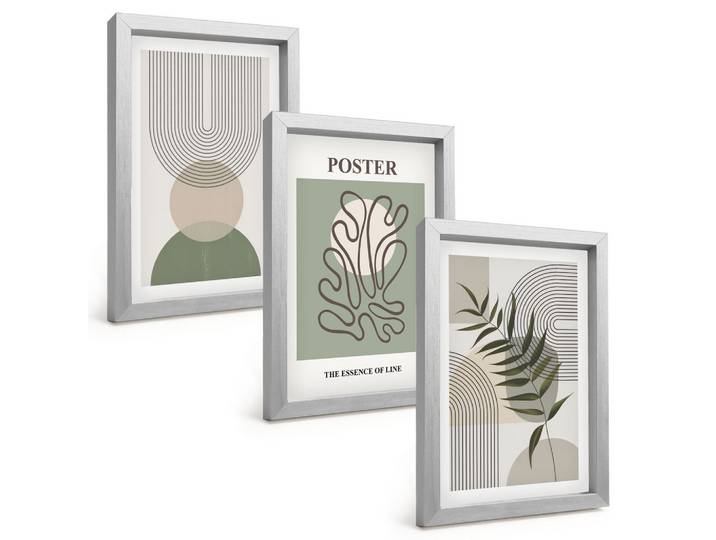 BILDER SET 3er Set - 20x30 cm Silberner Rahmen - Geometrische botanische Muster