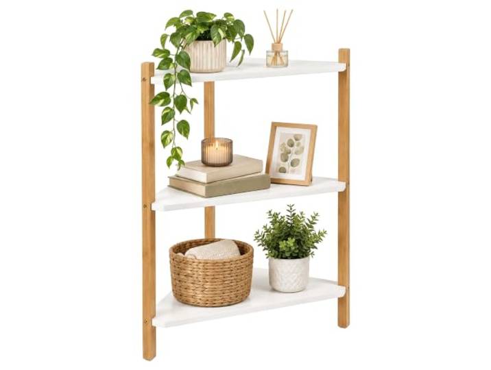 Relaxdays Étagère d'angle sur Pied\, Blanche/Nature 60 x 46 x 25 cm\, 3 tablettes\, salon\, salle de bains\, MDF\, bambou