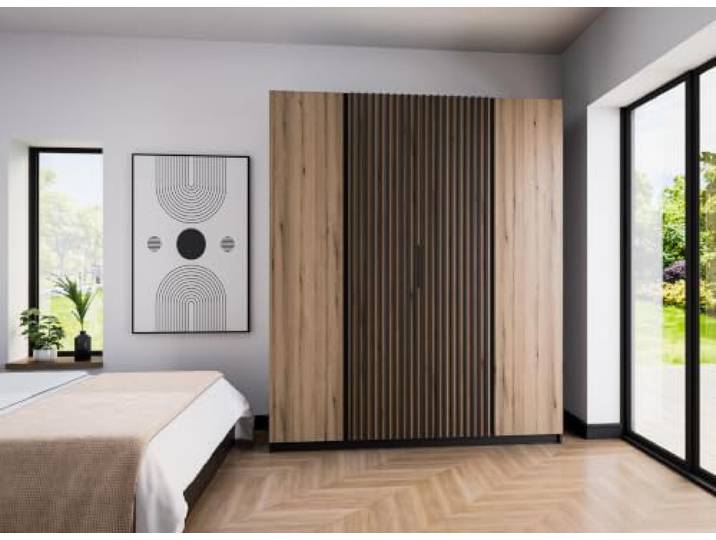 AX Living Nehir Schrank 200 cm Schwarz/Eiche Evoke, 2 Lamellentüren mittig 2 Lamellen mittig; 2 glatte Türen – clever organisiert.