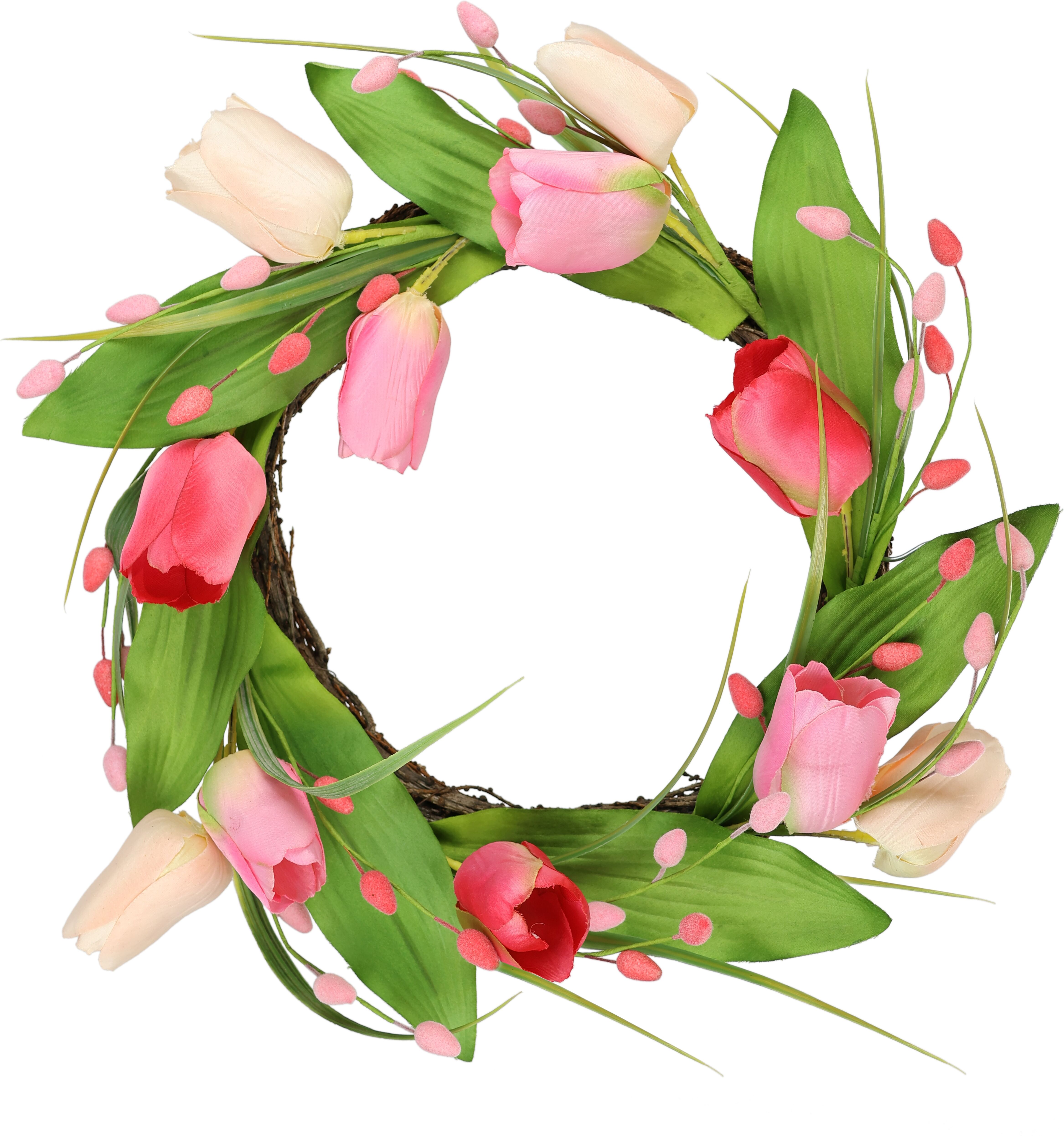 Kunstkranz I.GE.A. "Tulpenkranz", rosa, B:33cm H:10cm L:33cm, Polyester, Kunstpflanzen, Kunstkranz, Kränze Türkranz Frühlingskranz Osterkranz Osterdeko Blumenkranz