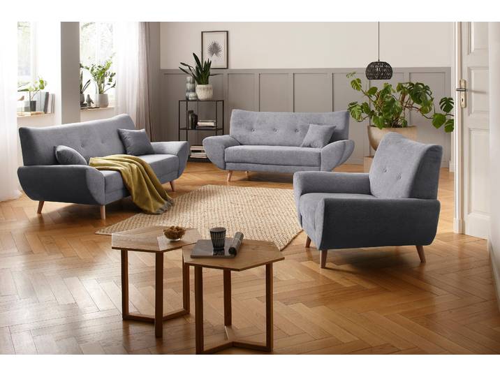 Polstergarnitur HOME AFFAIRE Basta Set: 3er + 2er + 1er, bequem, zeitloses Design, bodenfrei , grau, H:80cm T:82cm, 100% Polyester, Sitzmöbel-Sets, Polstergarnitur, Komfortable Wellenunterfederung