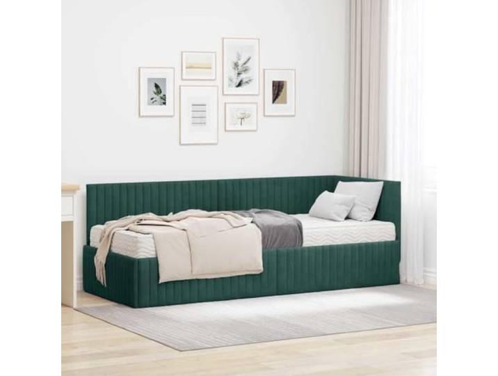 HFMDRMU Samt-Eckbettrahmen mit mittelharter Matratze und wandmontiertem Kopfteil, Grün, 2-teiliges Set, Moderne Plattformunterstützung, pflegeleicht
