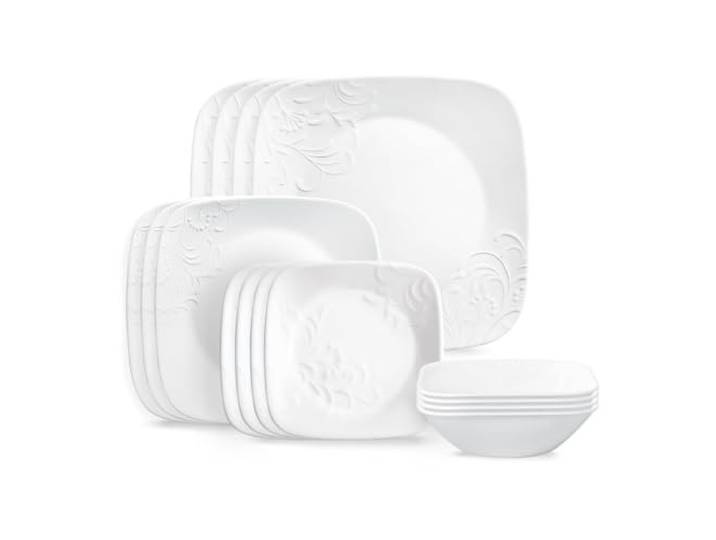 Corelle Cherish 16-teilig, Service für 4, Geschirr-Set, 8 Teller, 8 Schüsseln, splitter- und bruchfest, Speiseteller und Speiseteller, Corelleware Teller, Weiß