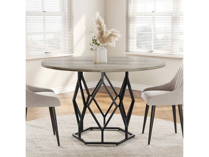 GarveeMore Runder Esstisch Ø 120 cm für 4–6 Personen – Industrial/Farmhouse Küchentisch mit Holzplatte – robuste Metallbasis – Schwarz Eisen + Grau