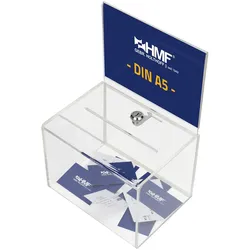 HMF 46913 Acryl Spendenbox abschließbar, 21,5 x 16 x 16 cm, DIN A5 Blatteinschub, Transparent