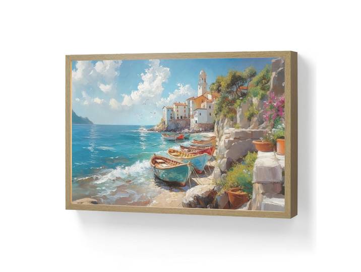 OnlyWow Wandleuchte MIT Akku Boote - Felsen - Meer - Sonne 60x40 cm, Blau, Rechteckig, LED integrated, 60x40x8 cm, Lampen & Leuchten, Innenbeleuchtung, Wandleuchten