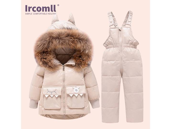 Ircomll Ensemble 2 pièces d'hiver : salopette et veste pour filles et garçons, en duvet de canard, chaud, pour bébé, enfant, tout-petit, combinaison de neige, parka brillante