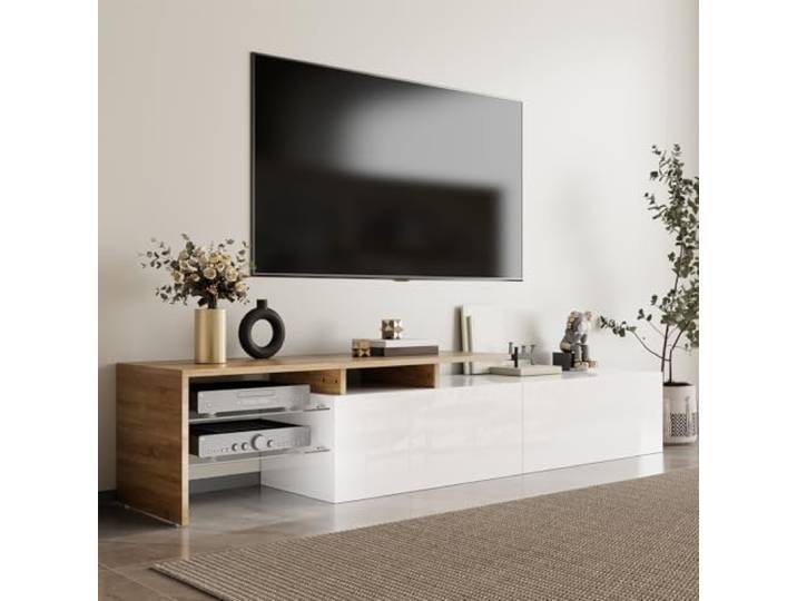OLIVIBED TV-Schrank mit 2 Schubladen, Moderner Lowboard mit Stauraum, TV-Board für Fernseher 65 ZolI, Hochglanz Fernsehtisch für Wohnzimmer, Schlafzimmer, 170x33x33.5cm, Weiß