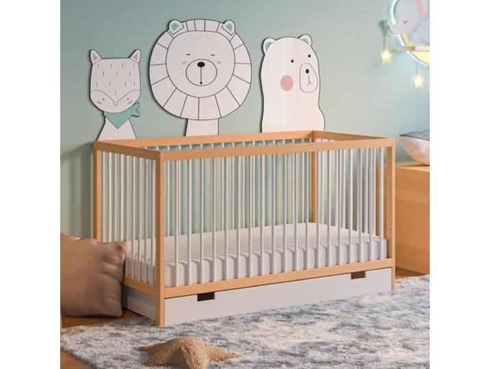Kids Collective Babybett mit Schublade und Matratze Kinderbett Gitterbett 60x120 & 70x140 cm höhenverstellbar & herausnehmbare Sprossen 70x140 cm Buchenholz Natur-weiß sehr stabil Made in Europe