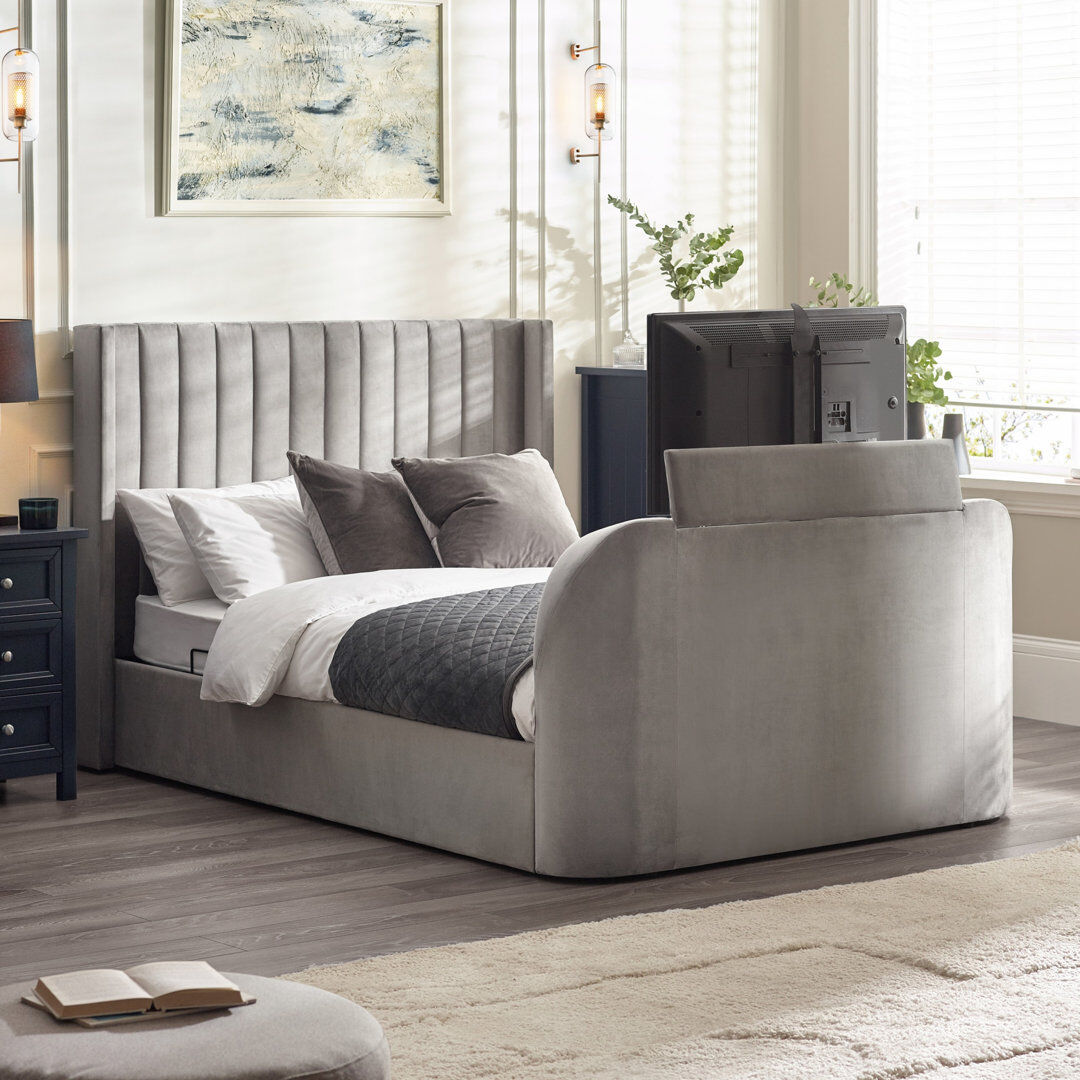 Ebern Designs Rodrik SIDE LIFT OTTOMAN TV BED Light Grey Kingsize (5')