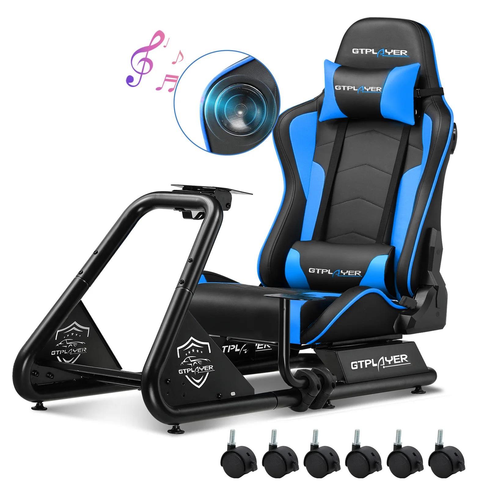 Rennsimulator Cockpit GTS03 - Lenkradständer mit Lautsprechern - Pedalhalterung - Klappbarer Kunstledersitz - Rückenlehnenverstellung - Mit Rollen - Blau